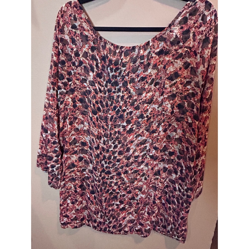 Zac & Rachel Blouse Womens 3X Orange Black Leopard Print Excellent V-Neck Gold